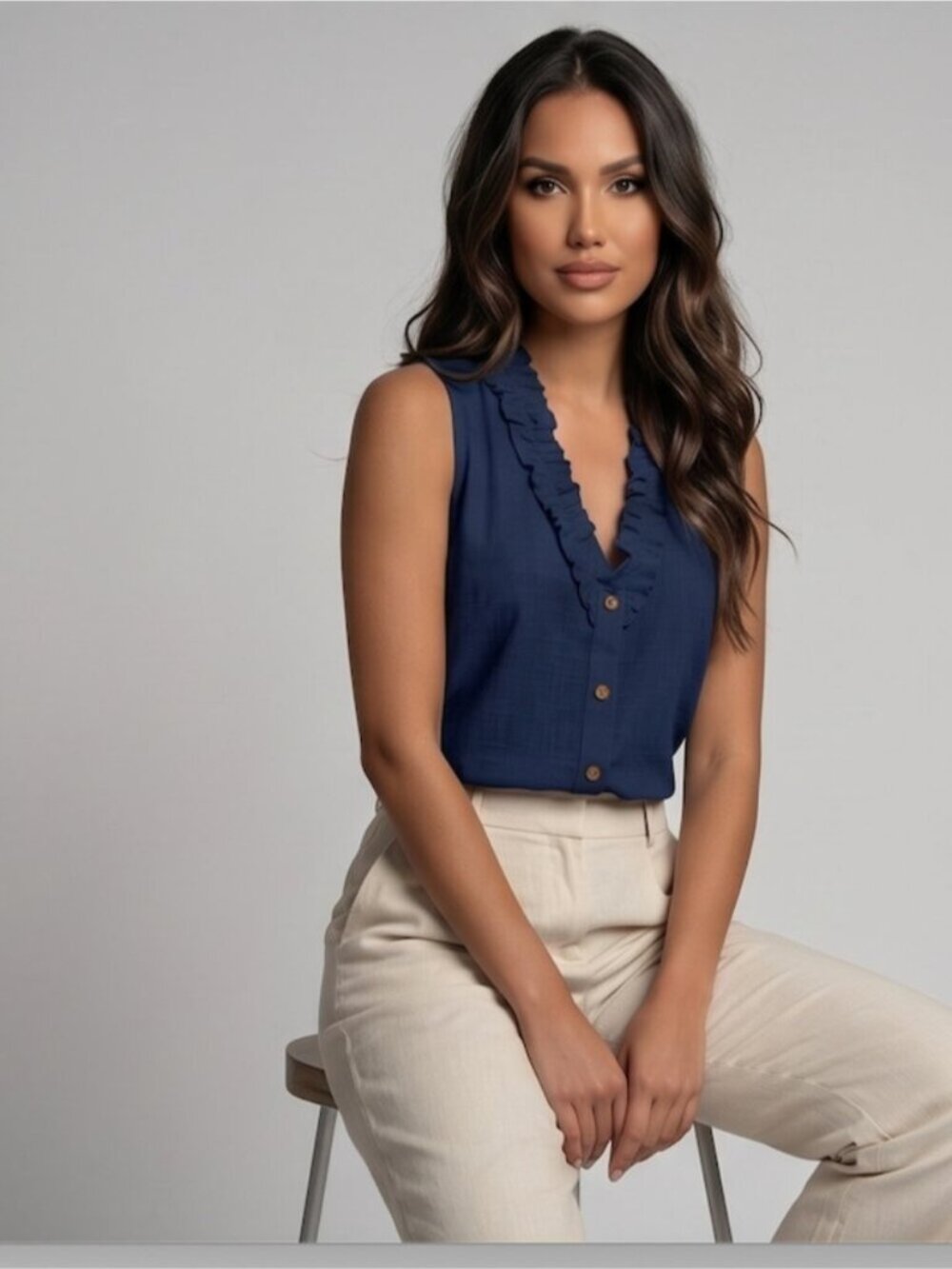 Navy Blue Ruffle V-Neck Sleeveless Cotton Blouse Button-Down Top - Picture 4 of 8